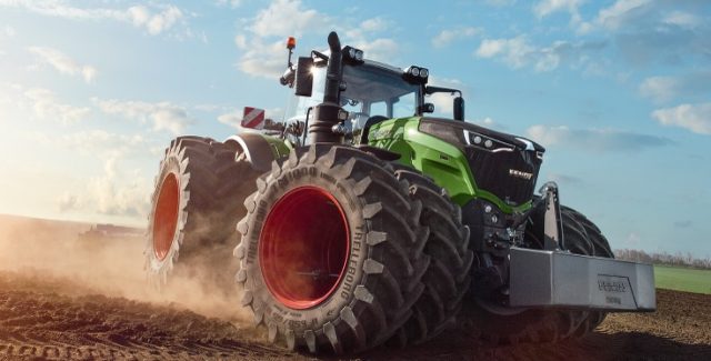 Fendt 1000 Vario tractor close up in a dirt field